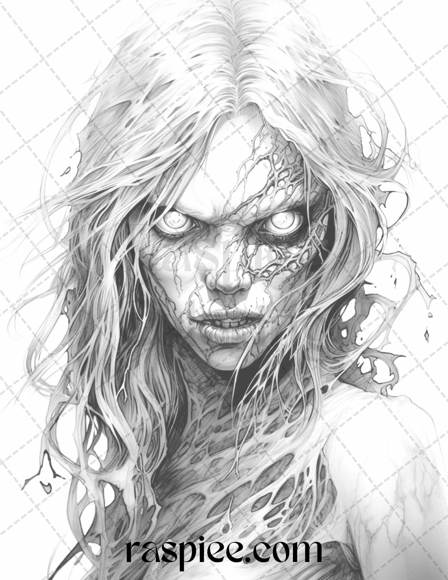 40 Scary Zombie Girls Grayscale Coloring Pages Printable for Adults, PDF File Instant Download