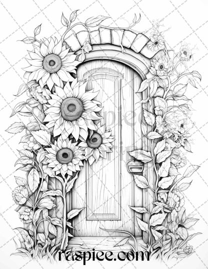 40 Flower Fairy Doors Grayscale Coloring Pages Printable for Adults, PDF File Instant Download