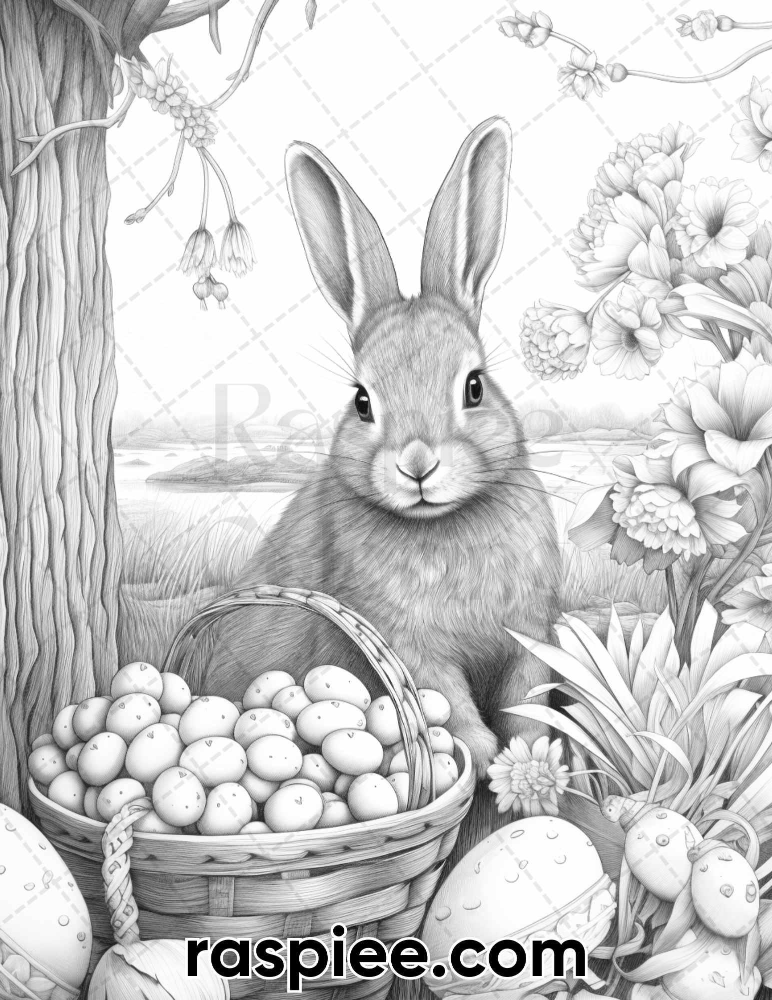 40 Easter Bunny Grayscale Adult Coloring Pages, Printable PDF Instant Download