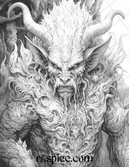 43 Fantasy Demons Grayscale Coloring Pages for Adults, Printable PDF File Instant Download