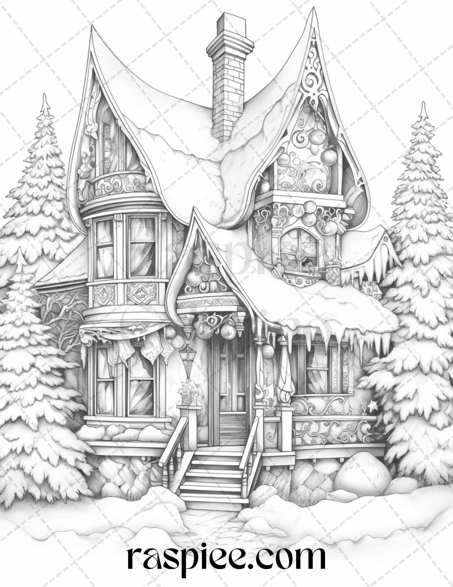 42 Fantasy Christmas Houses Grayscale Coloring Pages Printable for Adults, PDF File Instant Download