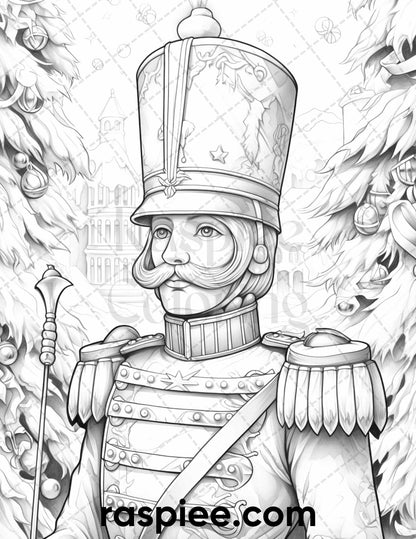 40 Christmas Nutcrackers Grayscale Coloring Pages for Adults, Printable PDF File Instant Download