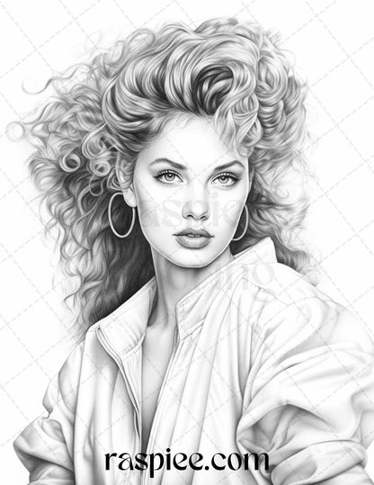 1980s Retro Beautiful Women Grayscale Coloring Pages for Adults, PDF File Instant Download