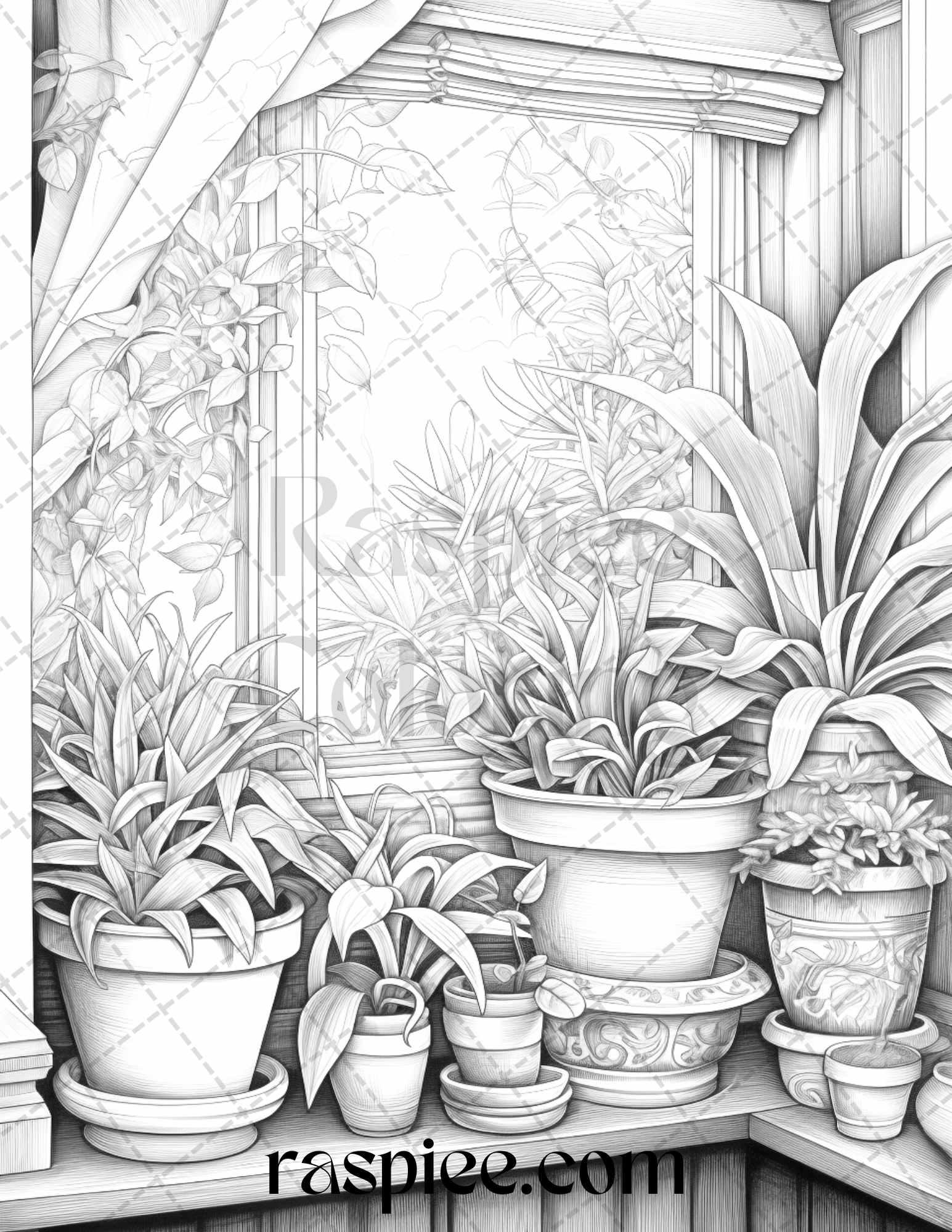 40 Window Plants Grayscale Coloring Pages Printable for Adults, PDF File Instant Download