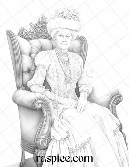 50 Victorian Grandma Grayscale Coloring Pages Printable for Adults, PDF File Instant Download