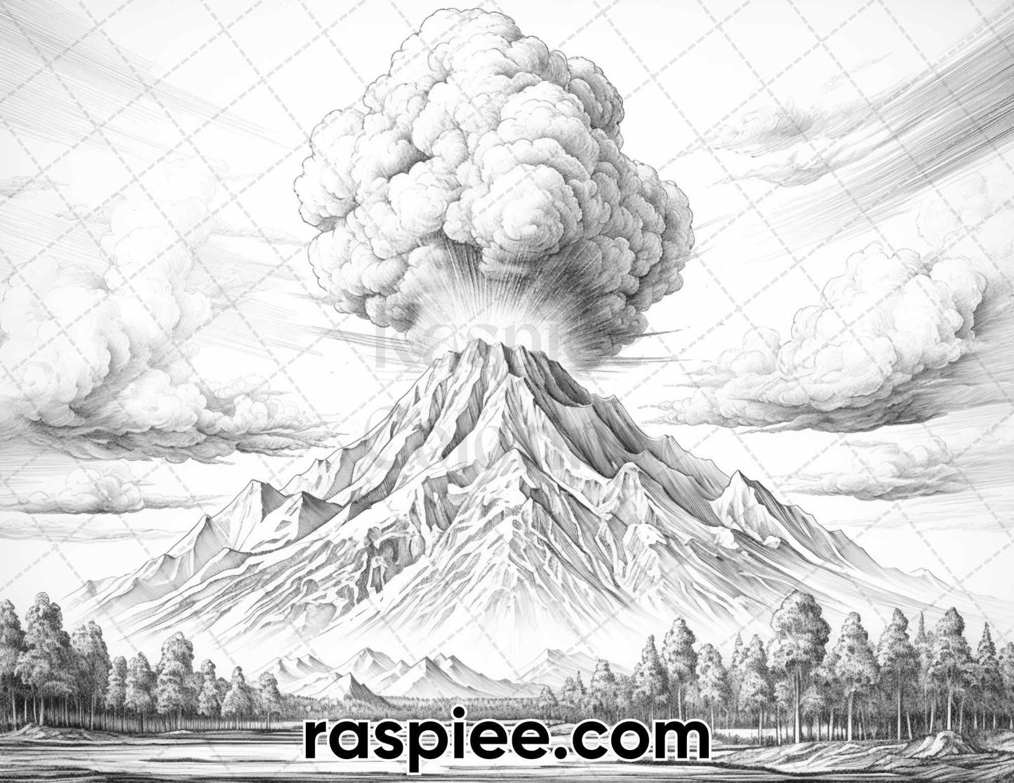 44 Volcanic Landscapes Grayscale Adult Coloring Pages, Printable PDF Instant Download