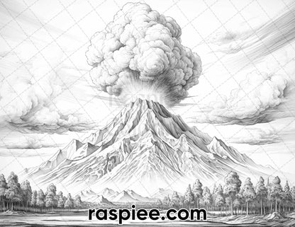 44 Volcanic Landscapes Grayscale Adult Coloring Pages, Printable PDF Instant Download