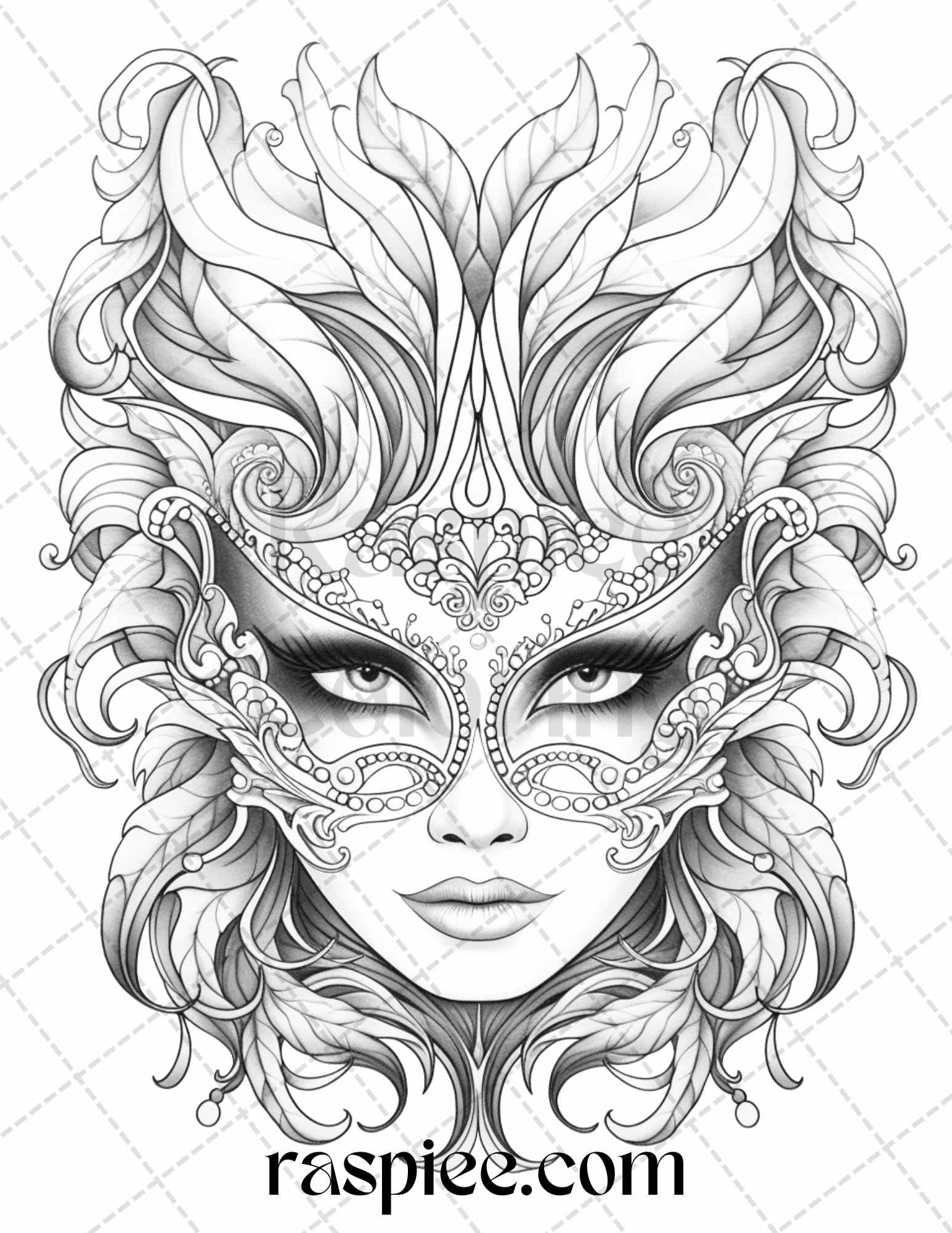 40 Masquerade Masks Grayscale Coloring Pages Printable for Adults, PDF File Instant Download