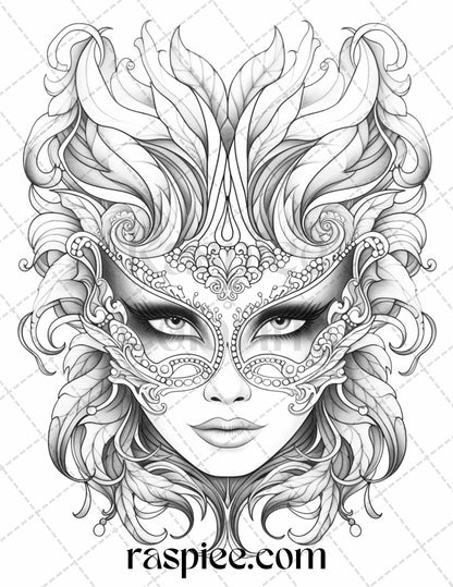 40 Masquerade Masks Grayscale Coloring Pages Printable for Adults, PDF File Instant Download