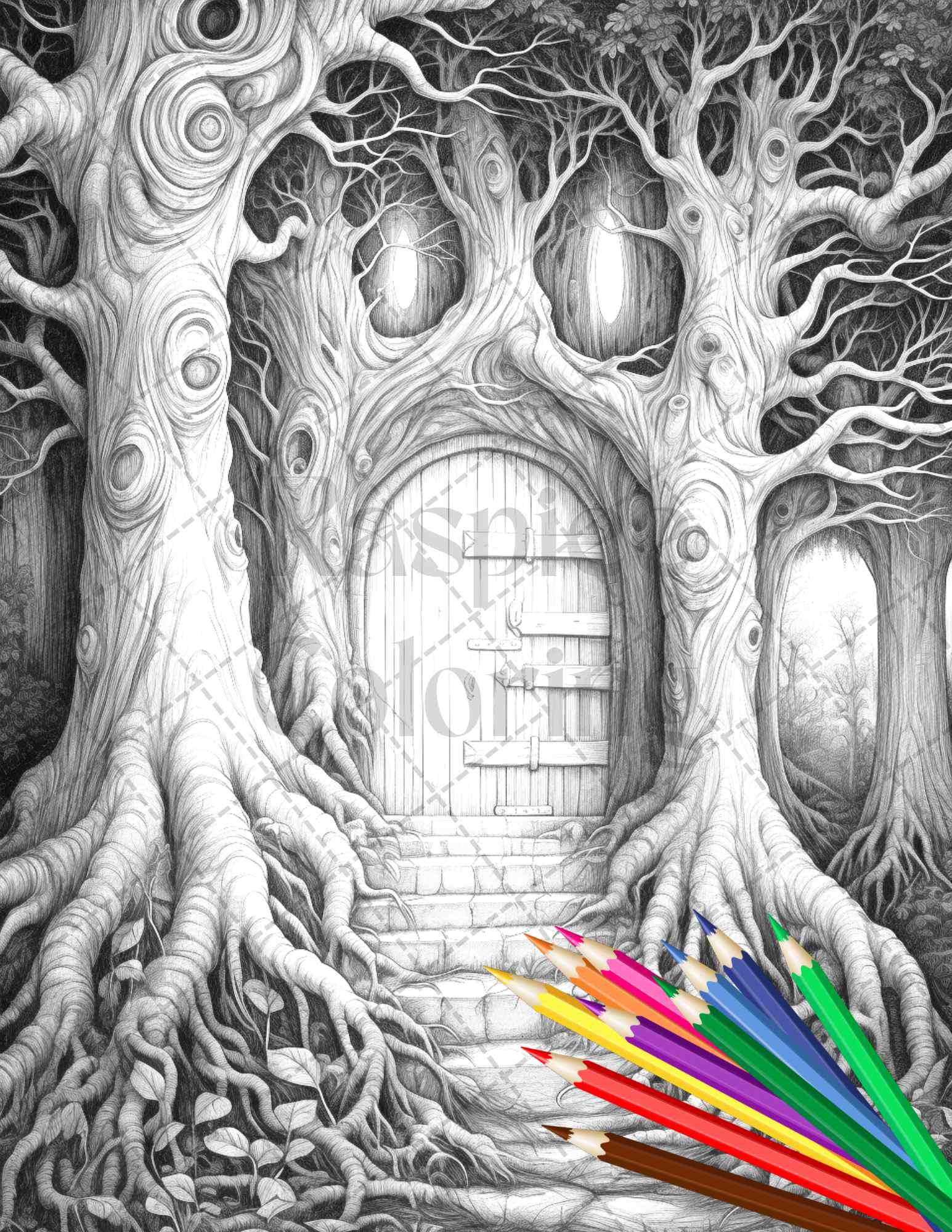 40 Magical Forest Gates Grayscale Coloring Pages Printable for Adults, PDF File Instant Download