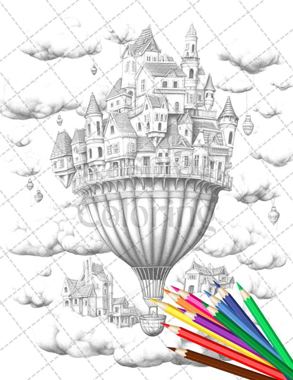 40 Fantasy Sky Houses Grayscale Coloring Pages Printable for Adults, PDF File Instant Download