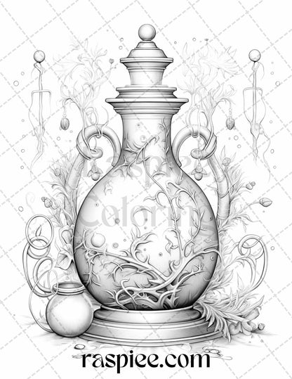 40 Mystical Magic Potions Grayscale Coloring Pages Printable for Adults, PDF File Instant Download