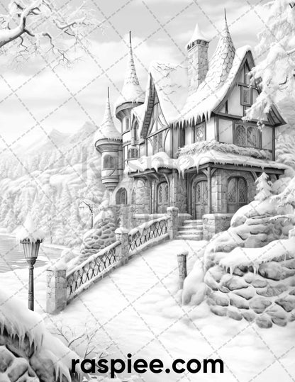 40 Fantasy Winter Village Grayscale Coloring Pages for Adults, PDF File Instant Download