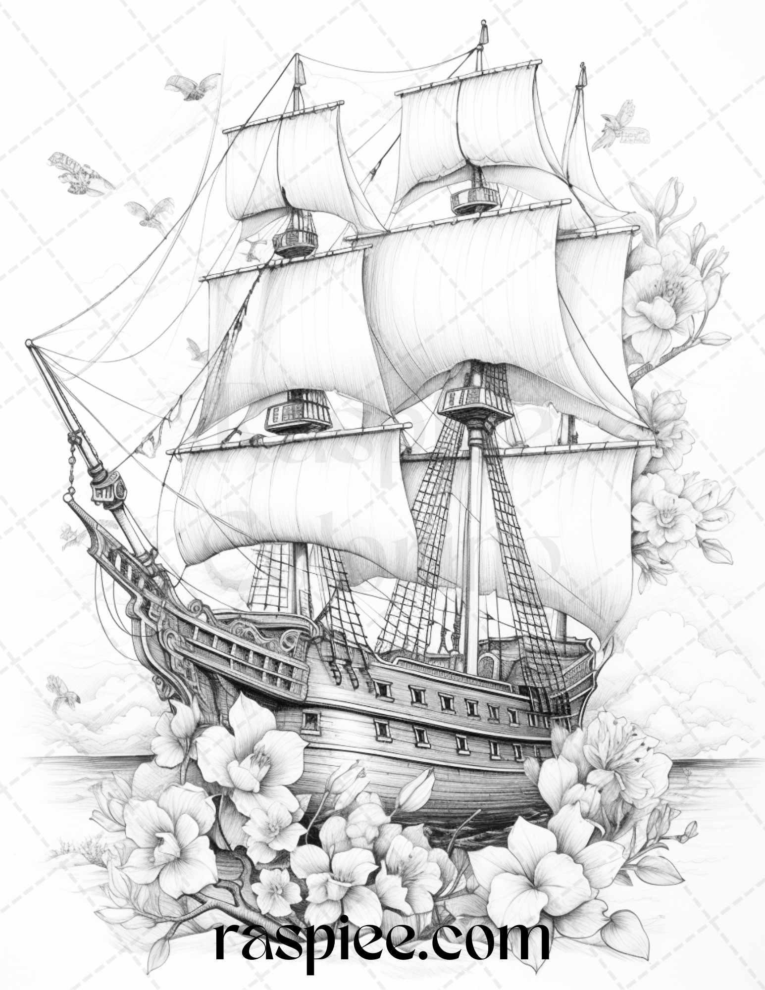 44 Flower Ships Graysale Coloring Pages Printable for Adults, PDF File Instant Download