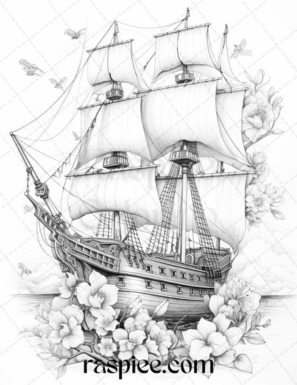 44 Flower Ships Graysale Coloring Pages Printable for Adults, PDF File Instant Download