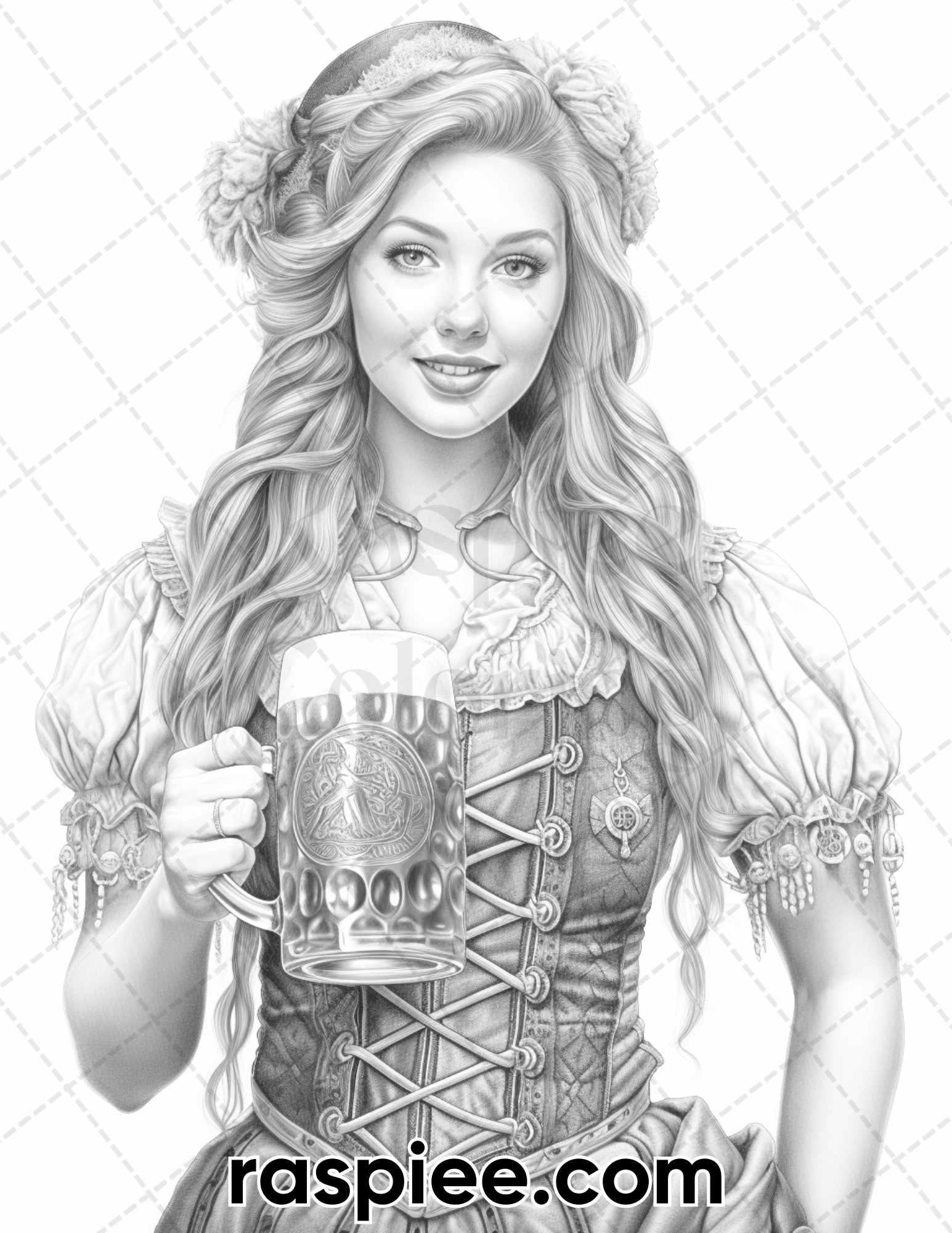 50 Oktoberfest Girls Grayscale Coloring Pages for Adults, Printable PDF Instant Download