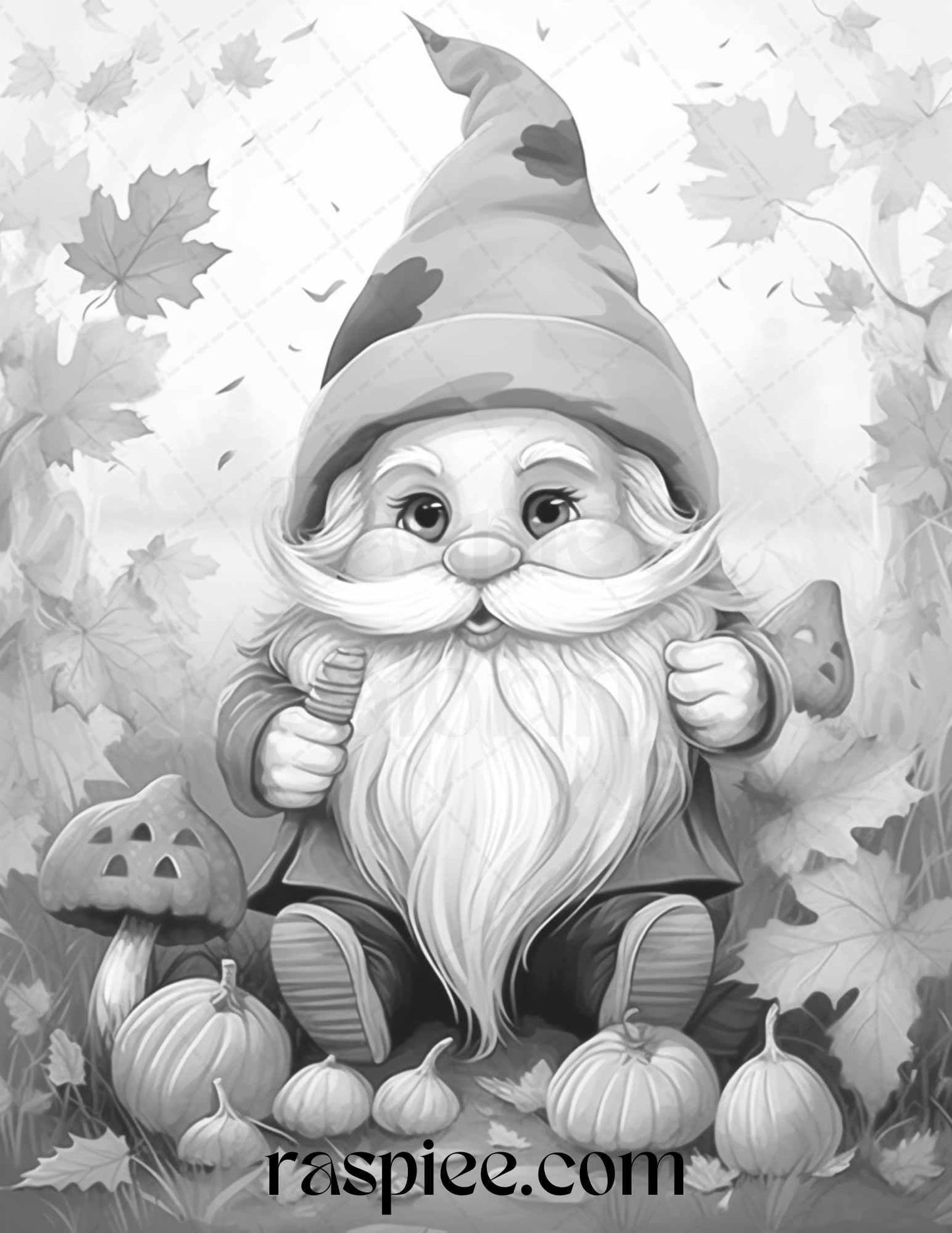 40 Fall Gnomes Grayscale Coloring Pages Printable for Adults Kids, PDF File Instant Download