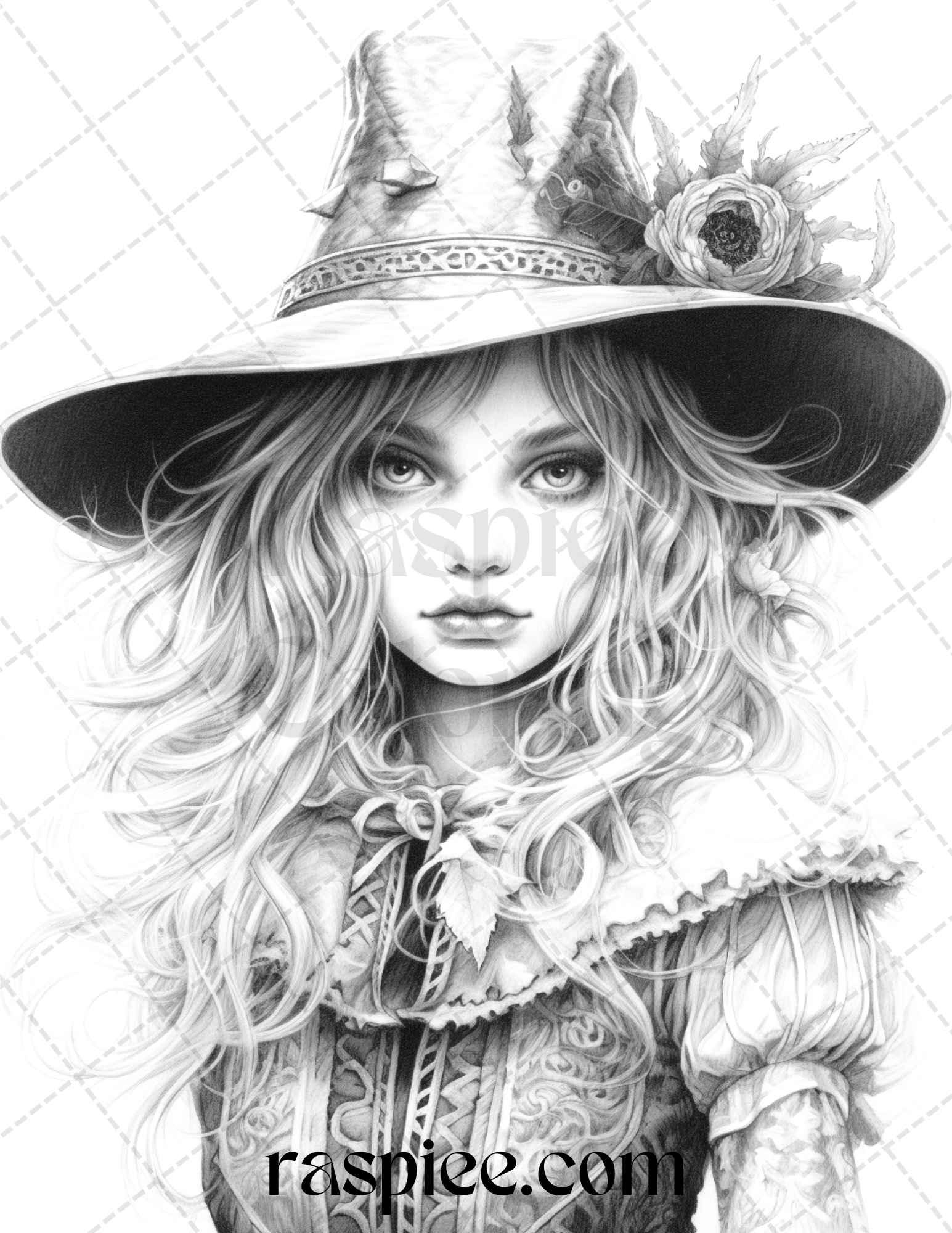 40 Beautiful Witches Grayscale Coloring Pages Printable for Adults, PDF File Instant Download