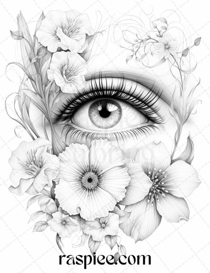 40 Charming Eyes Grayscale Coloring Pages Printable for Adults, PDF File Instant Download