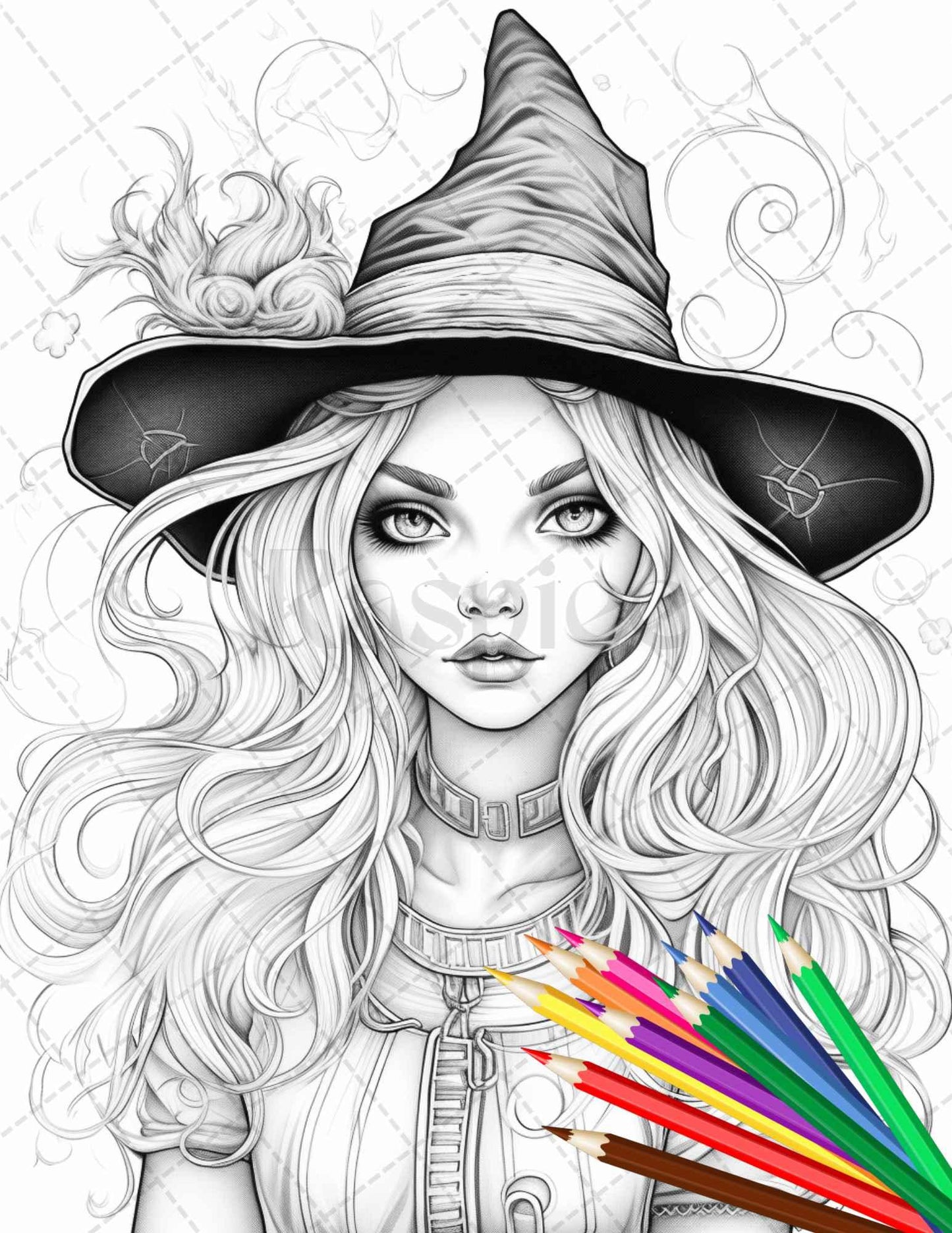 40 Cute Witches Coloring Pages Printable for Adults, Grayscale Coloring Page, PDF File Instant Download