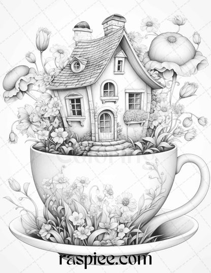 40 Flower Teacup Fairy Houses Grayscale Coloring Pages Printable for Adults, PDF File Instant Download