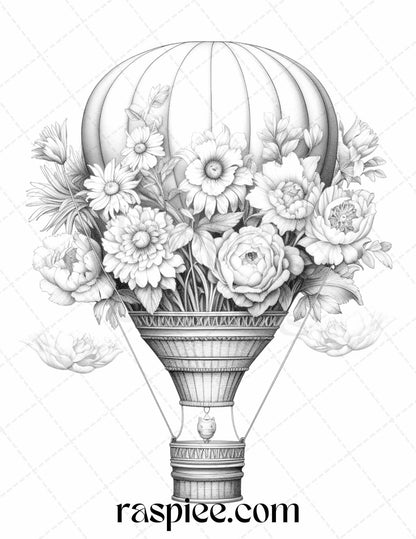 42 Flower Hot Air Balloons Grayscale Coloring Pages Printable for Adults, PDF File Instant Download