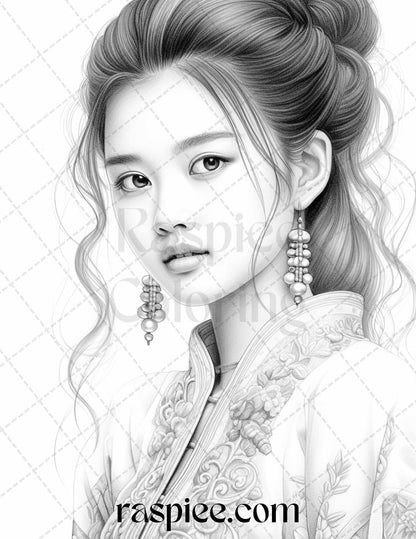 40 Beautiful Chinese Girls Grayscale Coloring Pages for Adults, Printable PDF File Instant Download