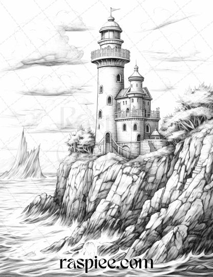 40 Majestic Lighthouses Grayscale Coloring Pages Printable for Adults, PDF File Instant Download