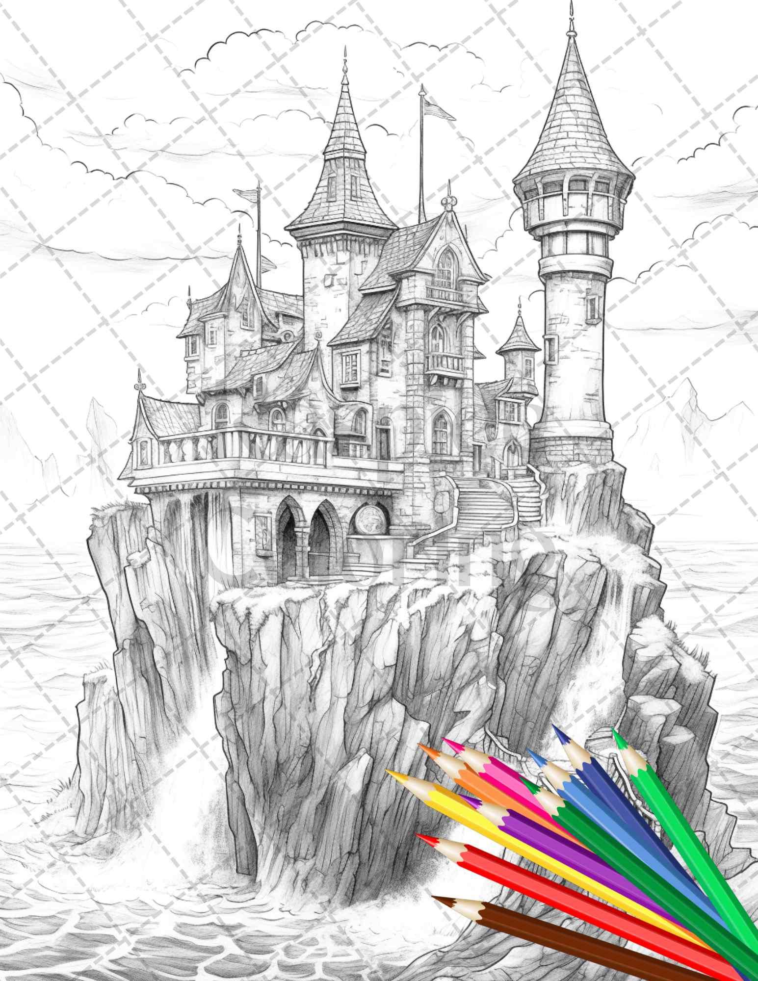 40 Creepy Gothic Houses Grayscale Coloring Pages Printable for Adults, PDF File Instant Download