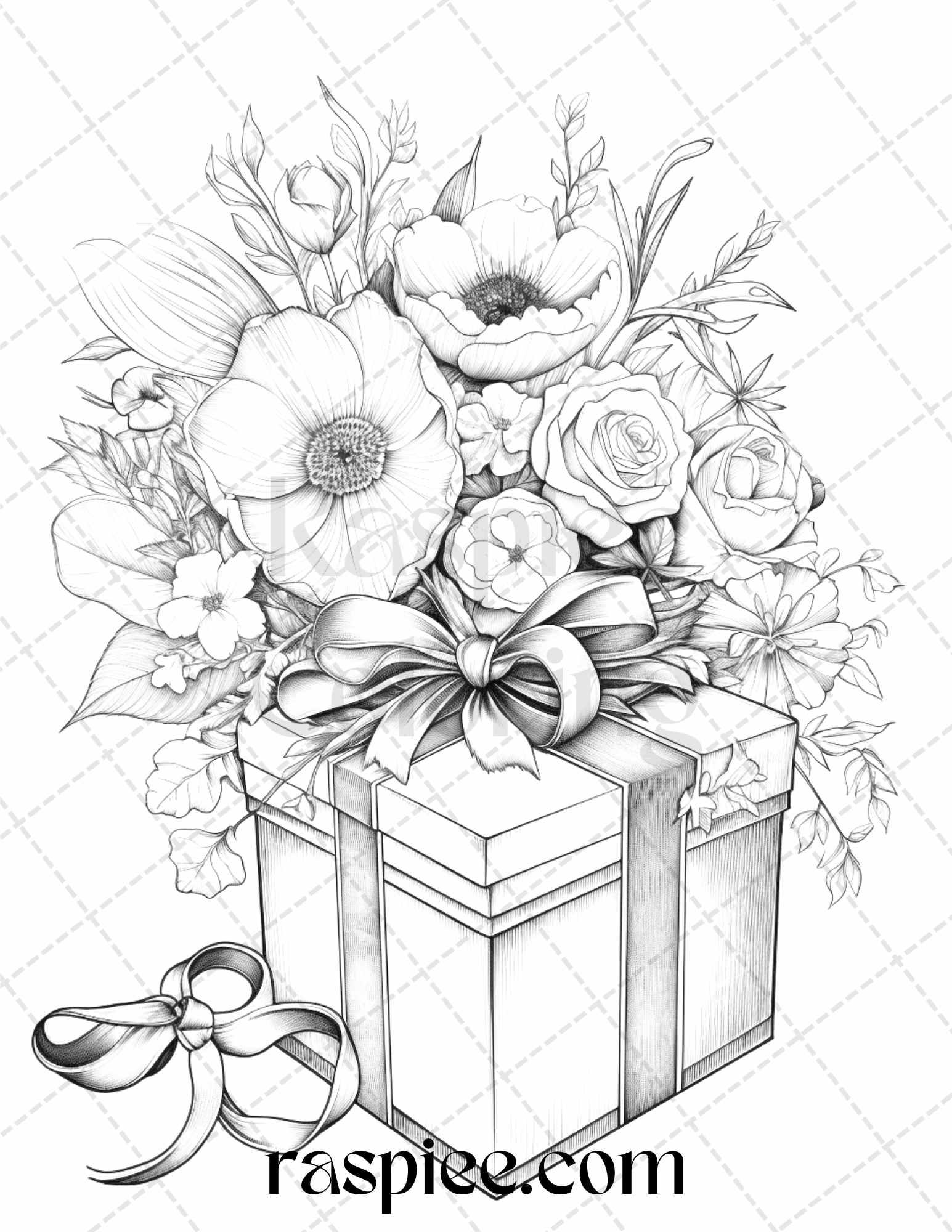 40 Flower Gift Box Grayscale Coloring Pages Printable for Adults Kids, PDF File Instant Download