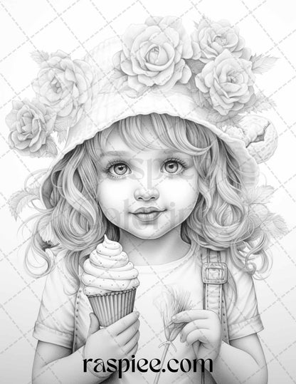 42 Adorable Girls with Ice Cream Grayscale Coloring Pages Printable for Adults Kids, PDF File Instant Download