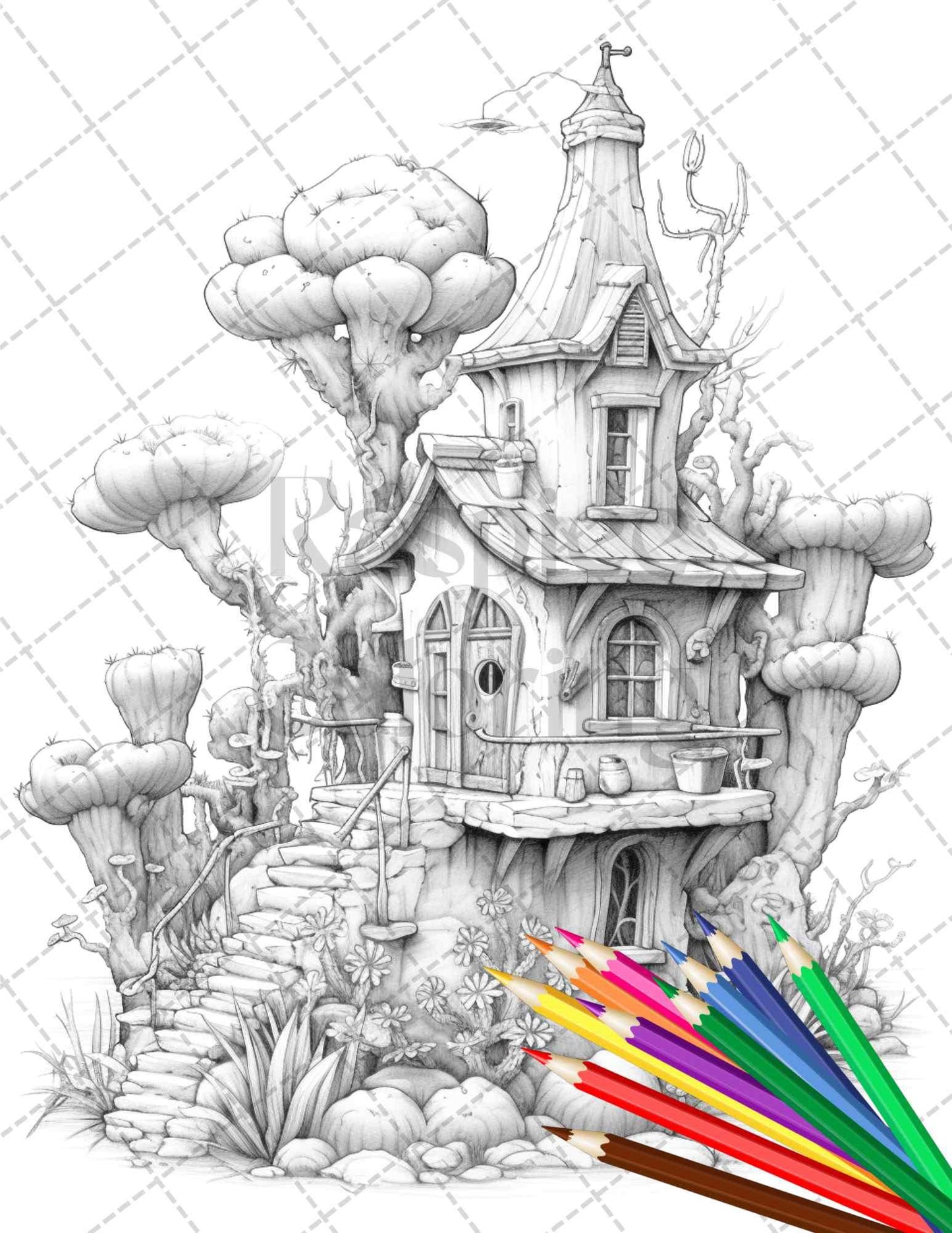 46 Fantasy Cactus Houses Grayscale Coloring Pages Printable for Adults, PDF File Instant Download