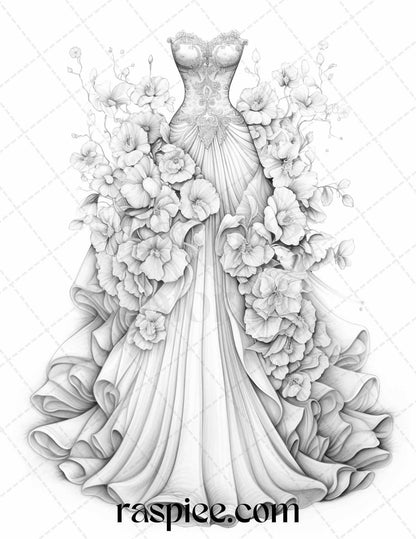 40 Elegant Floral Wedding Dresses Grayscale Coloring Pages Printable for Adults, PDF File Instant Download