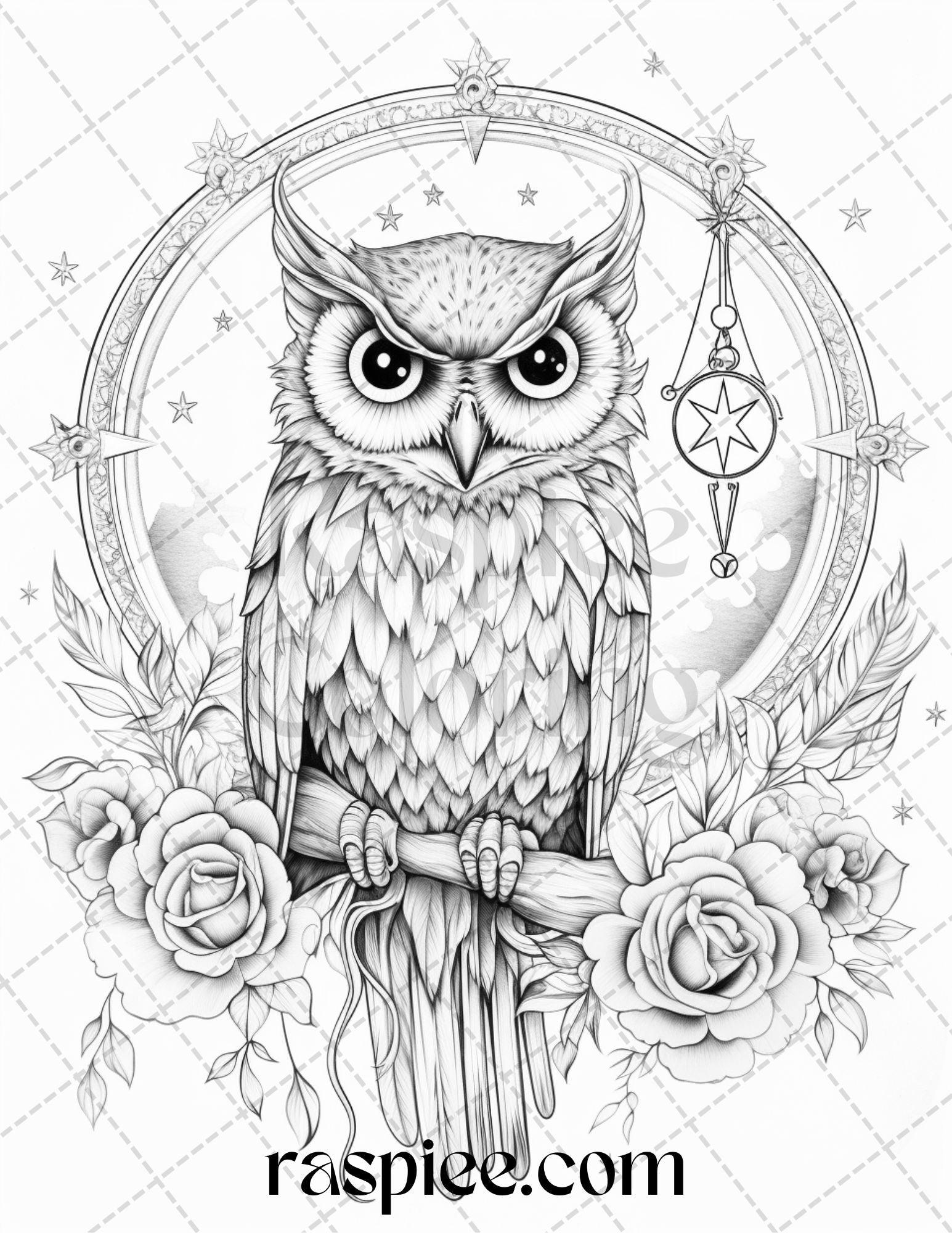 40 Floral Owl Grayscale Printable Coloring Pages for Adults, PDF File Instant Download