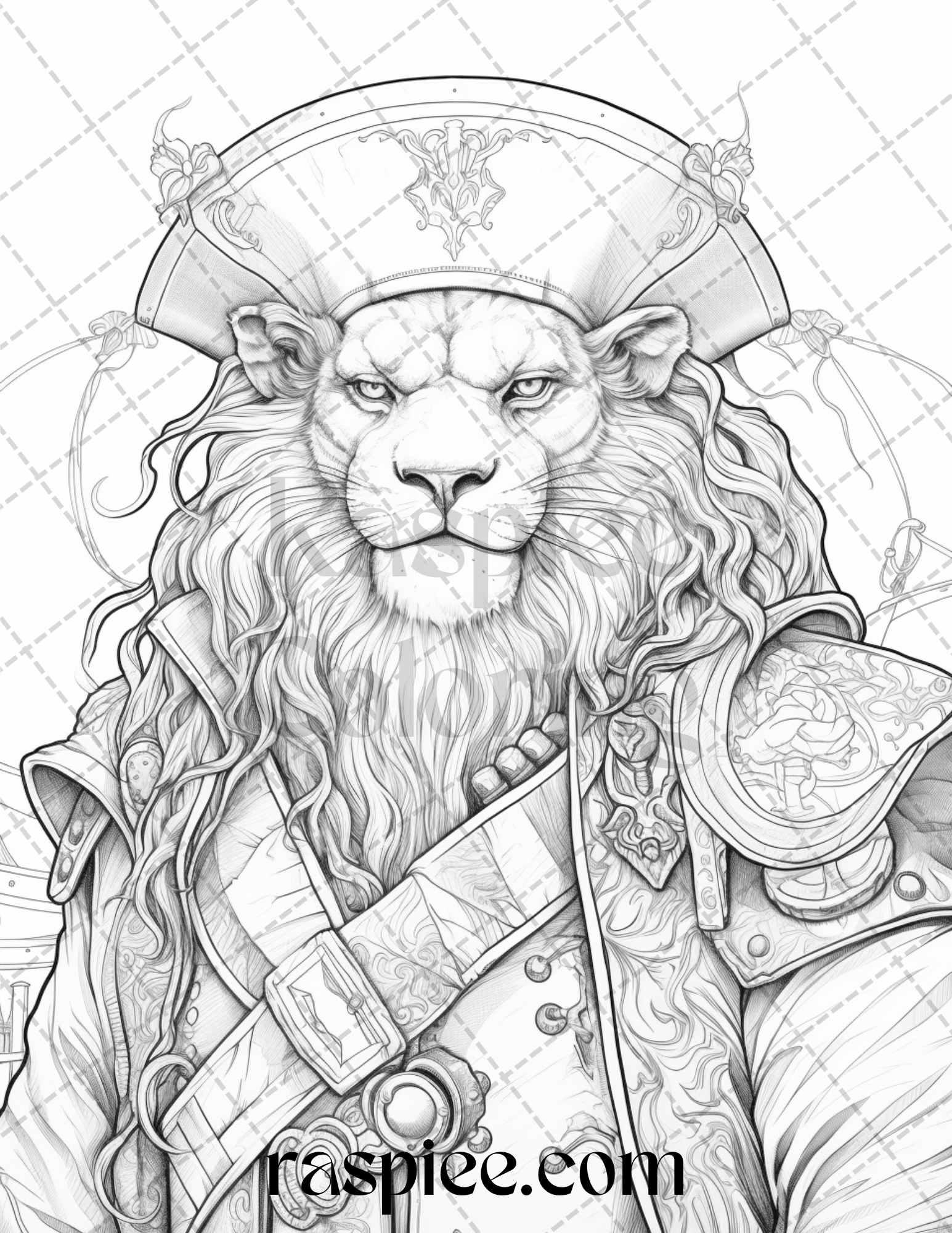 40 Pirate Animals Grayscale Coloring Pages Printable for Adults, PDF File Instant Download