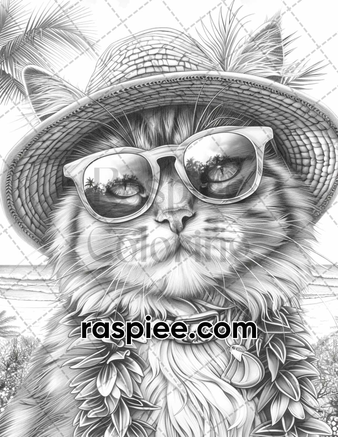 100 Summer Cats Grayscale Adult Coloring Pages, Printable PDF Instant Download