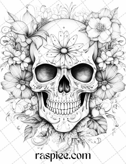 42 Floral Skull Grayscale Coloring Pages for Adults, Stress Relief Coloring Sheets, Printable PDF File Instant Download