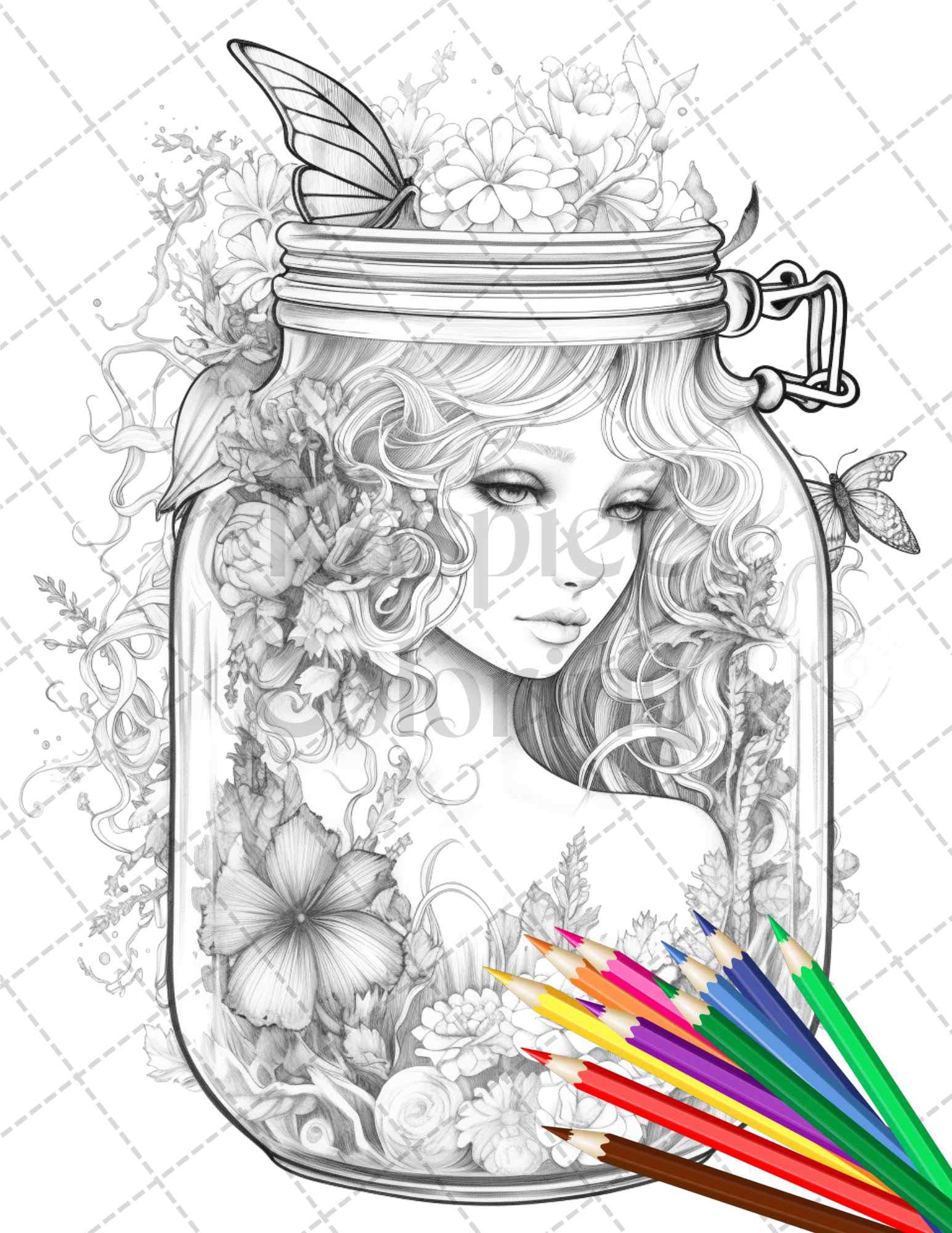 40 Beautiful Fairies in Jar Grayscale Coloring Pages Printable for Adults, PDF File Instant Download