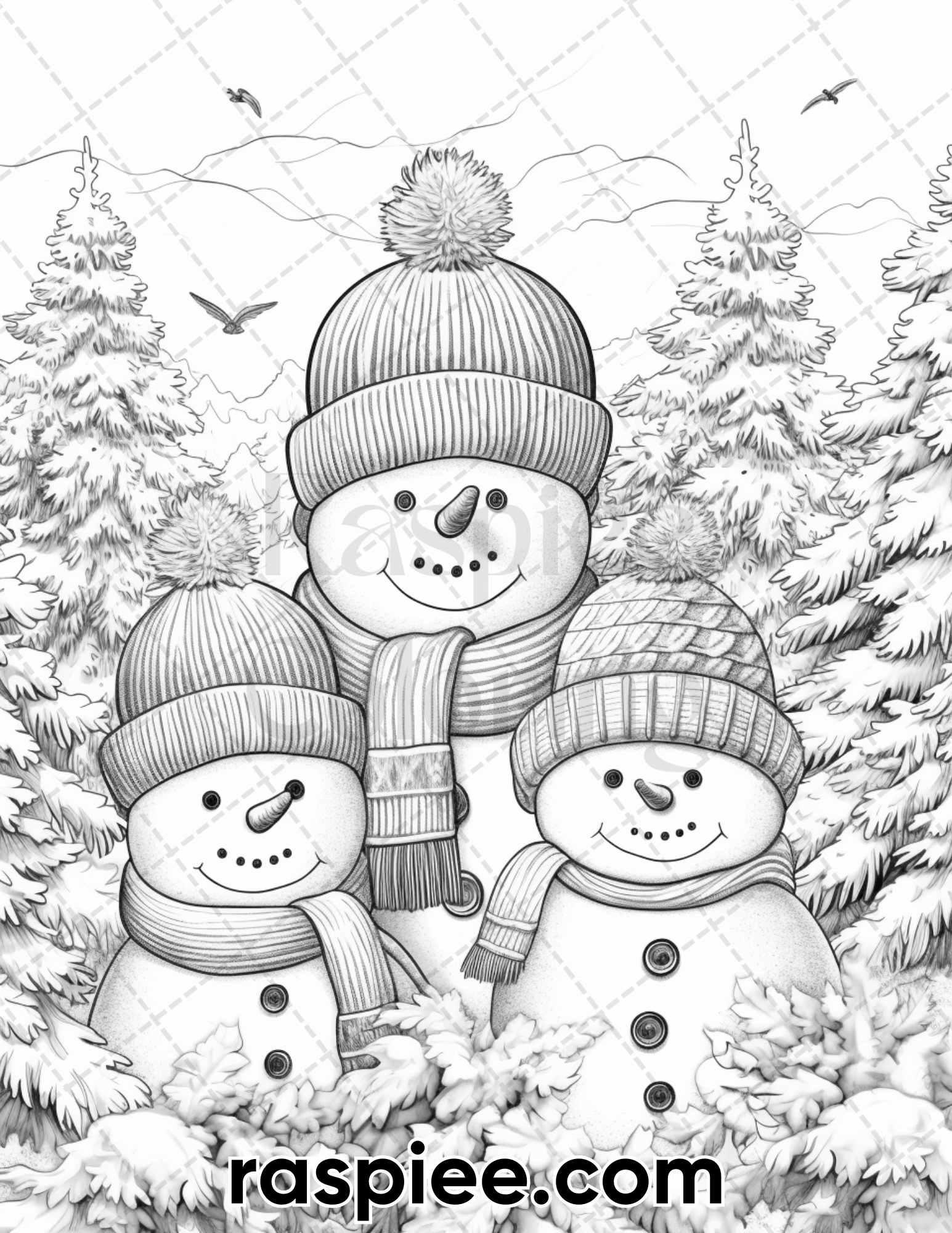 40 Chistmas Snowman Grayscale Coloring Pages for Adults, Printable PDF Instant Download