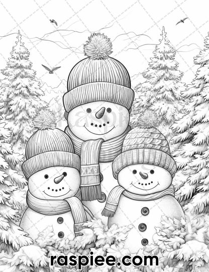 40 Chistmas Snowman Grayscale Coloring Pages for Adults, Printable PDF Instant Download