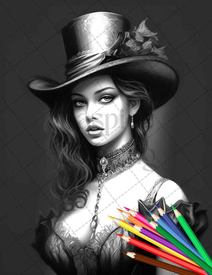 40 Beautiful Gothic Girls Grayscale Coloring Pages Printable for Adults, PDF File Instant Download