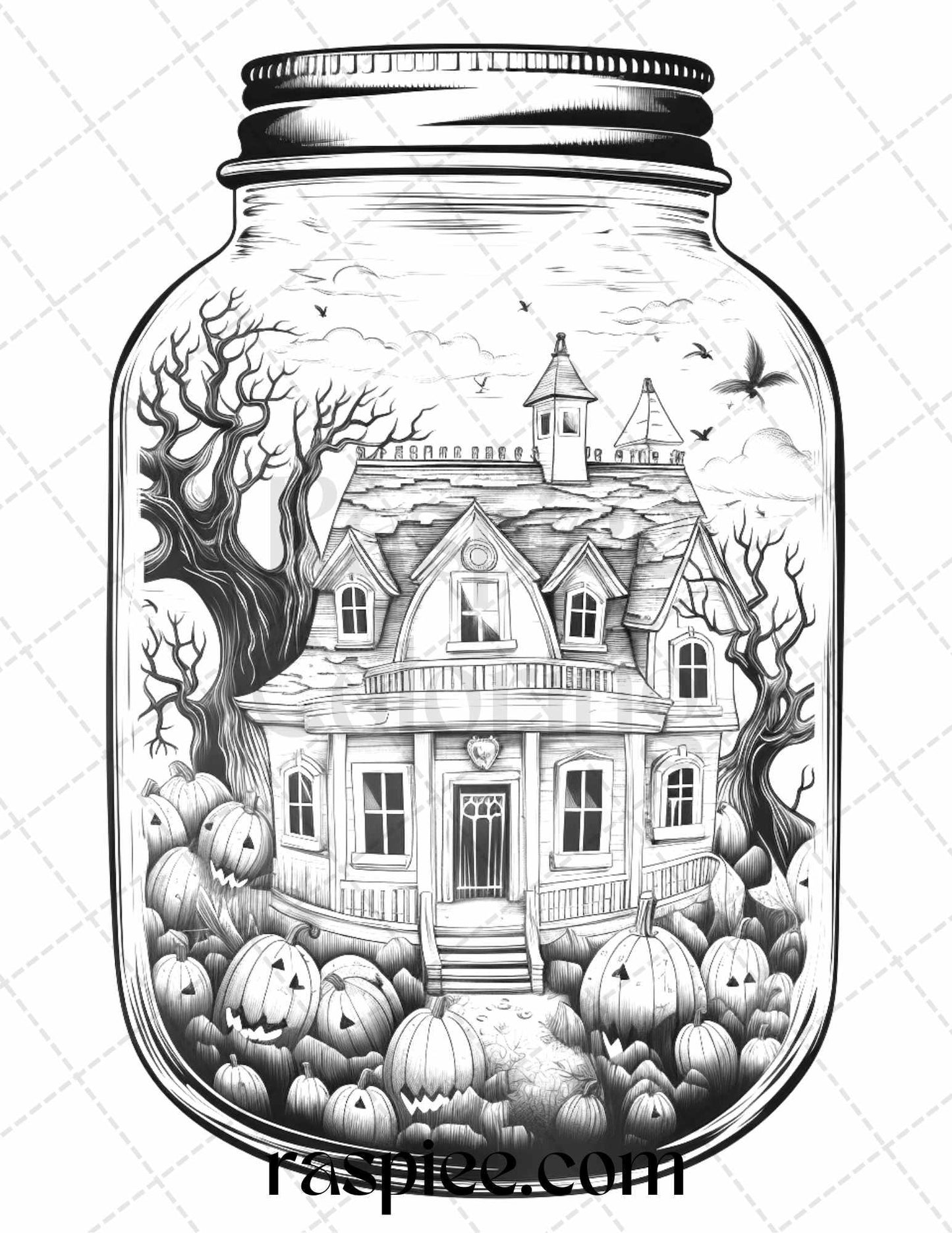 40 Halloween in Jar Grayscale Coloring Pages for Adults, Printable PDF File Instant Download