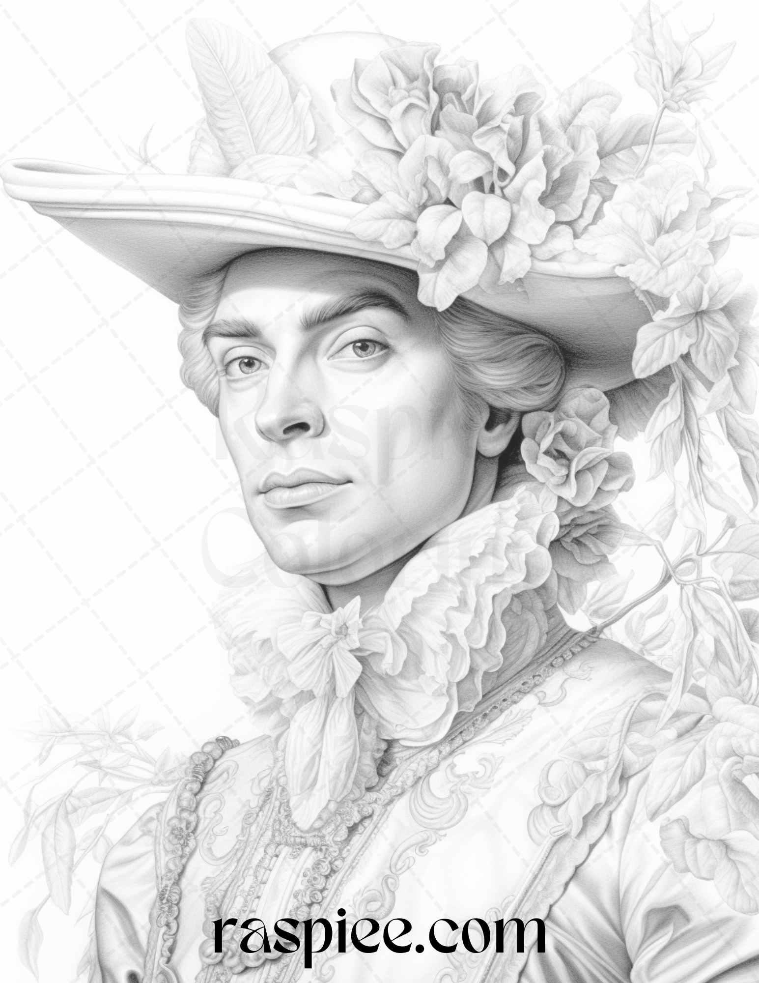 50 Baroque Man Portrait Grayscale Graysale Coloring Pages Printable for Adults, PDF File Instant Download