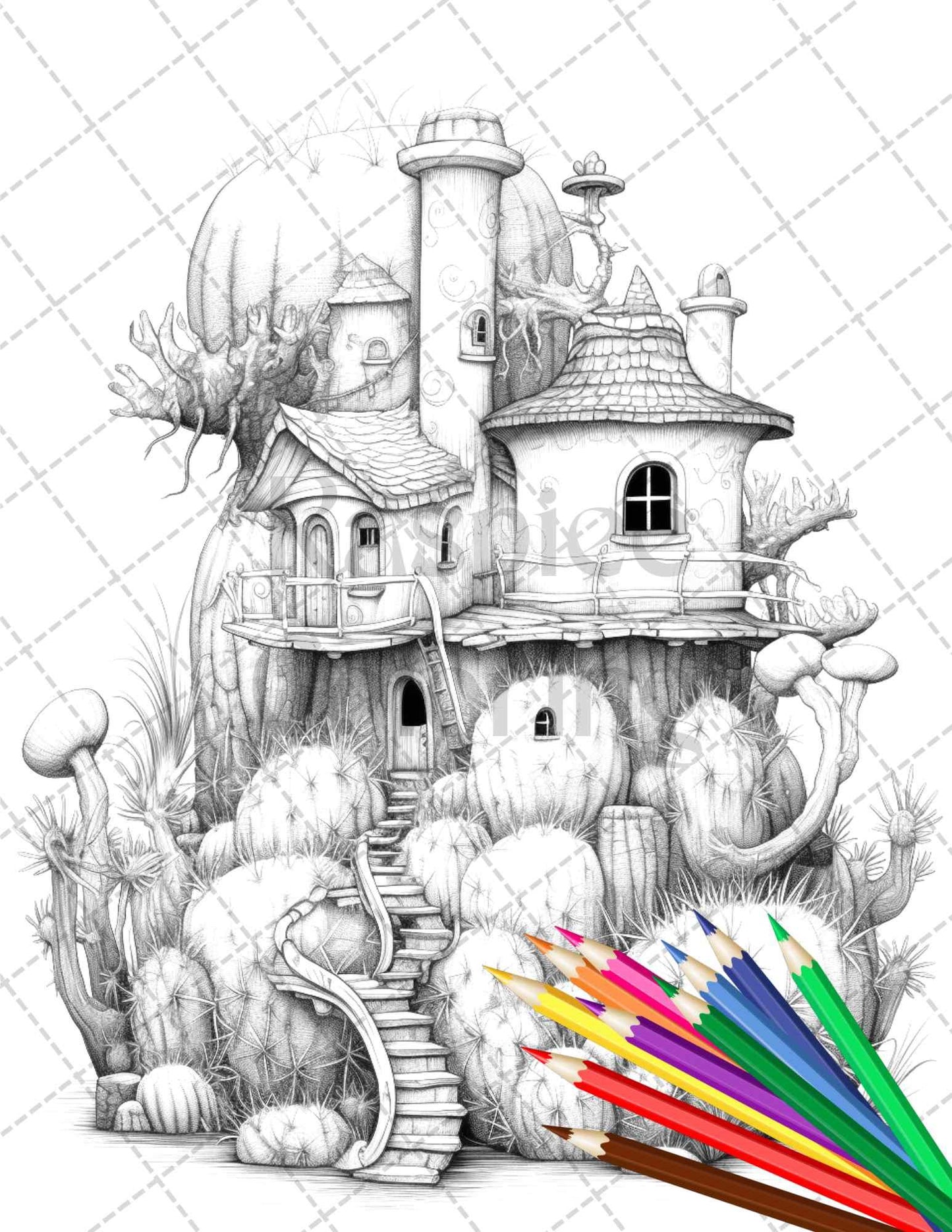 46 Fantasy Cactus Houses Grayscale Coloring Pages Printable for Adults, PDF File Instant Download