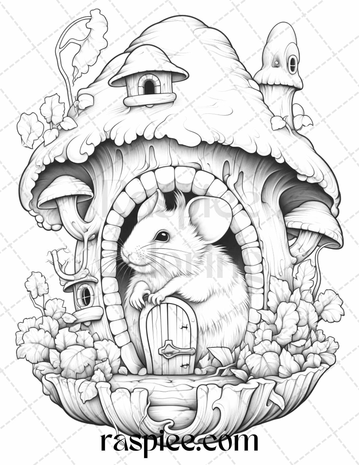 40 Magical Mouse Houses Grayscale Coloring Pages Printable for Adults, PDF File Instant Download