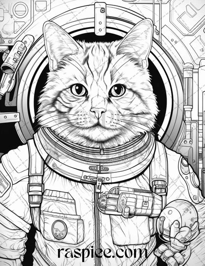 40 Cat Astronaut Grayscale Coloring Pages Printable for Adults Kids, PDF File Instant Download