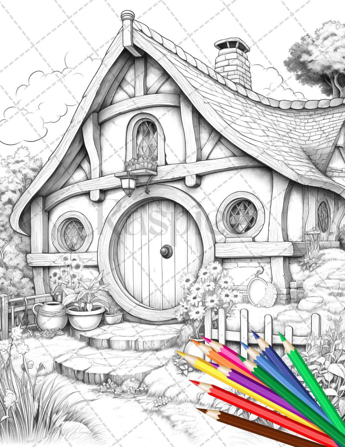 43 Enchanted Hobbiton Houses Grayscale Coloring Pages Printable for Adults, PDF File Instant Download