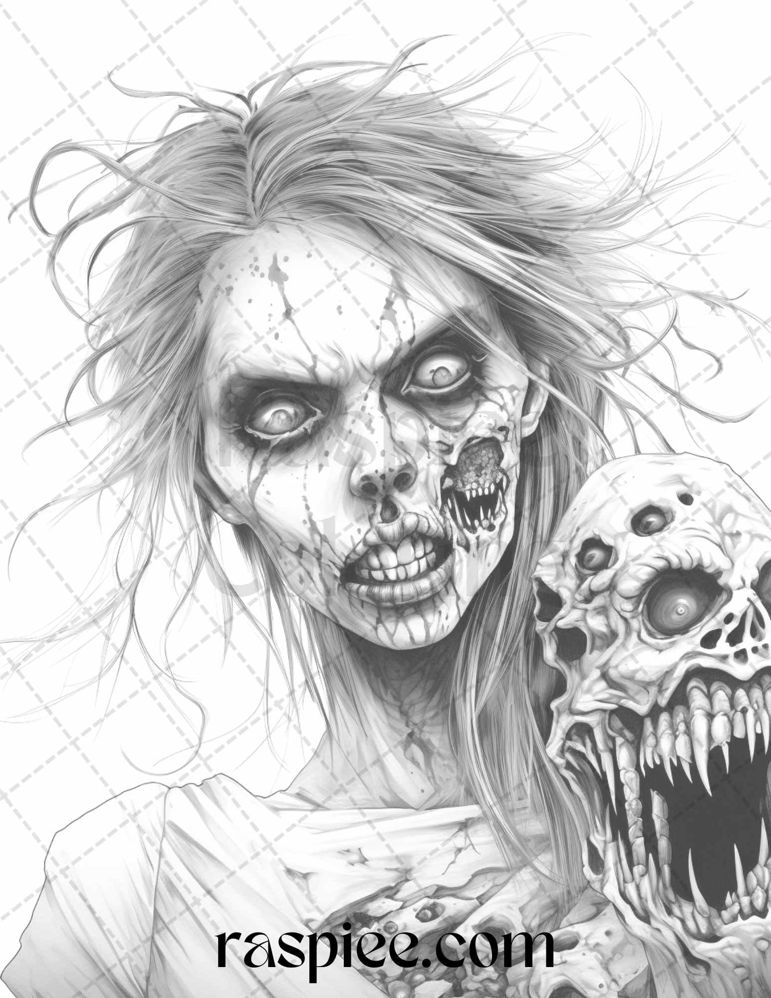 40 Scary Zombie Girls Grayscale Coloring Pages Printable for Adults, PDF File Instant Download