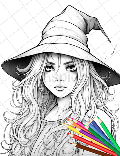 40 Cute Witches Coloring Pages Printable for Adults, Grayscale Coloring Page, PDF File Instant Download