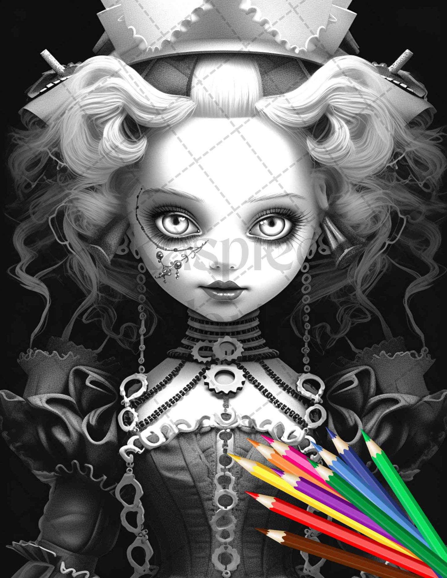 40 Creepy Porcelain Dolls Grayscale Coloring Pages for Adults, PDF File Instant Download